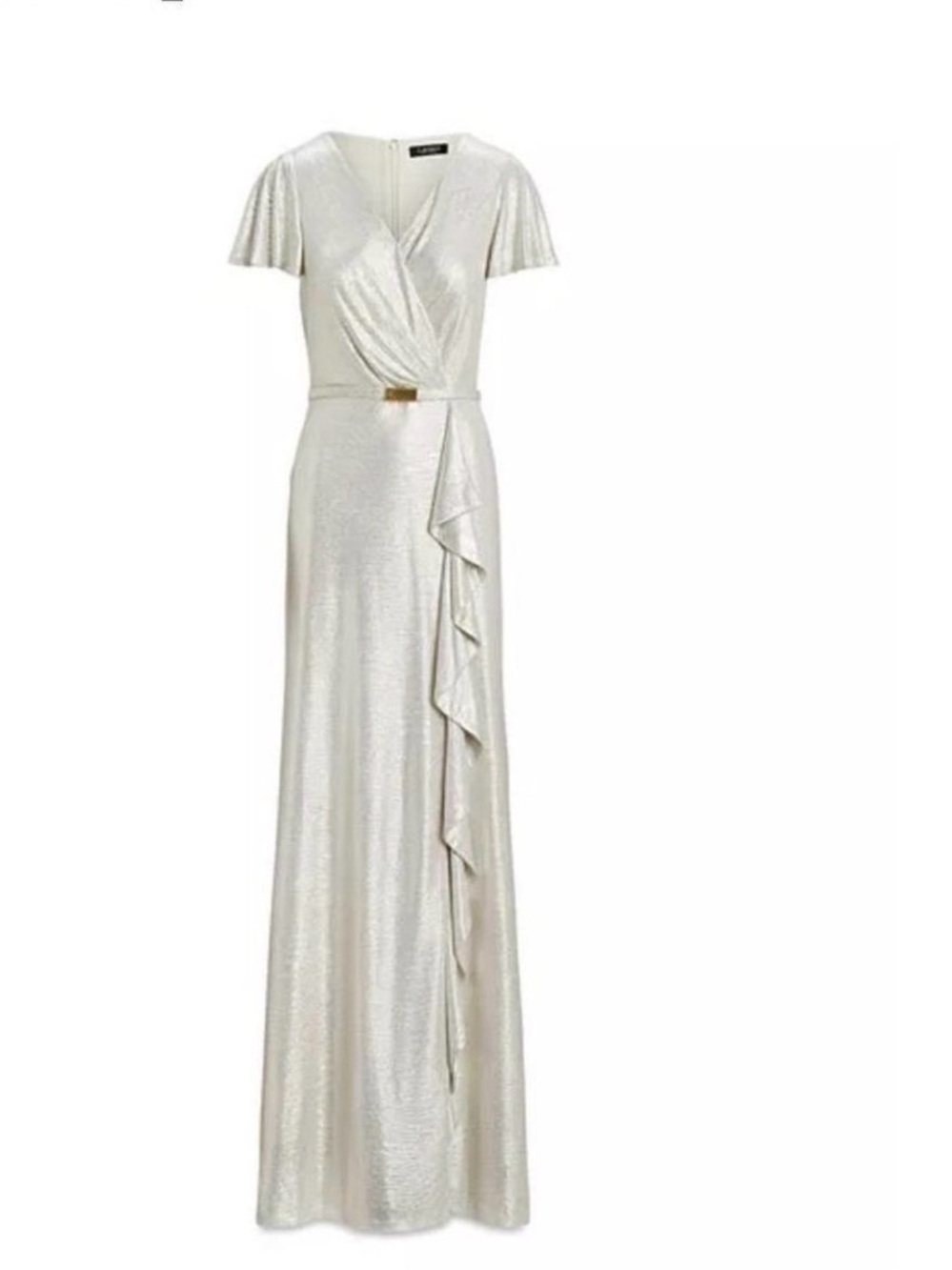 Lauren Ralph Lauren Metallic Silver Ruffle Maxi Gown Size 4